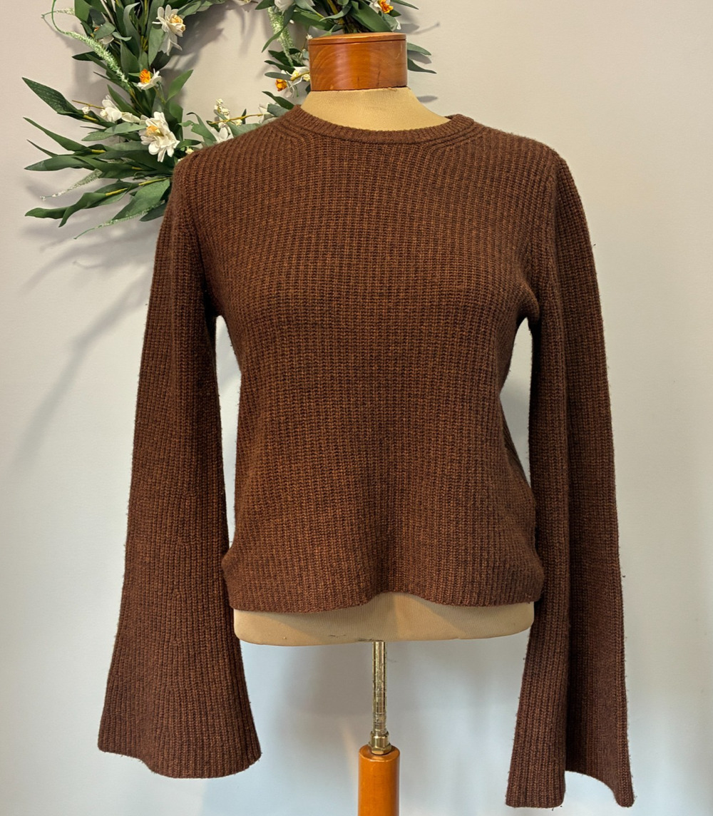 Leo & Sage 100% Cashmere Ribbed Knit Sweater Bell Sleeve Brown Crew Neck, Size S